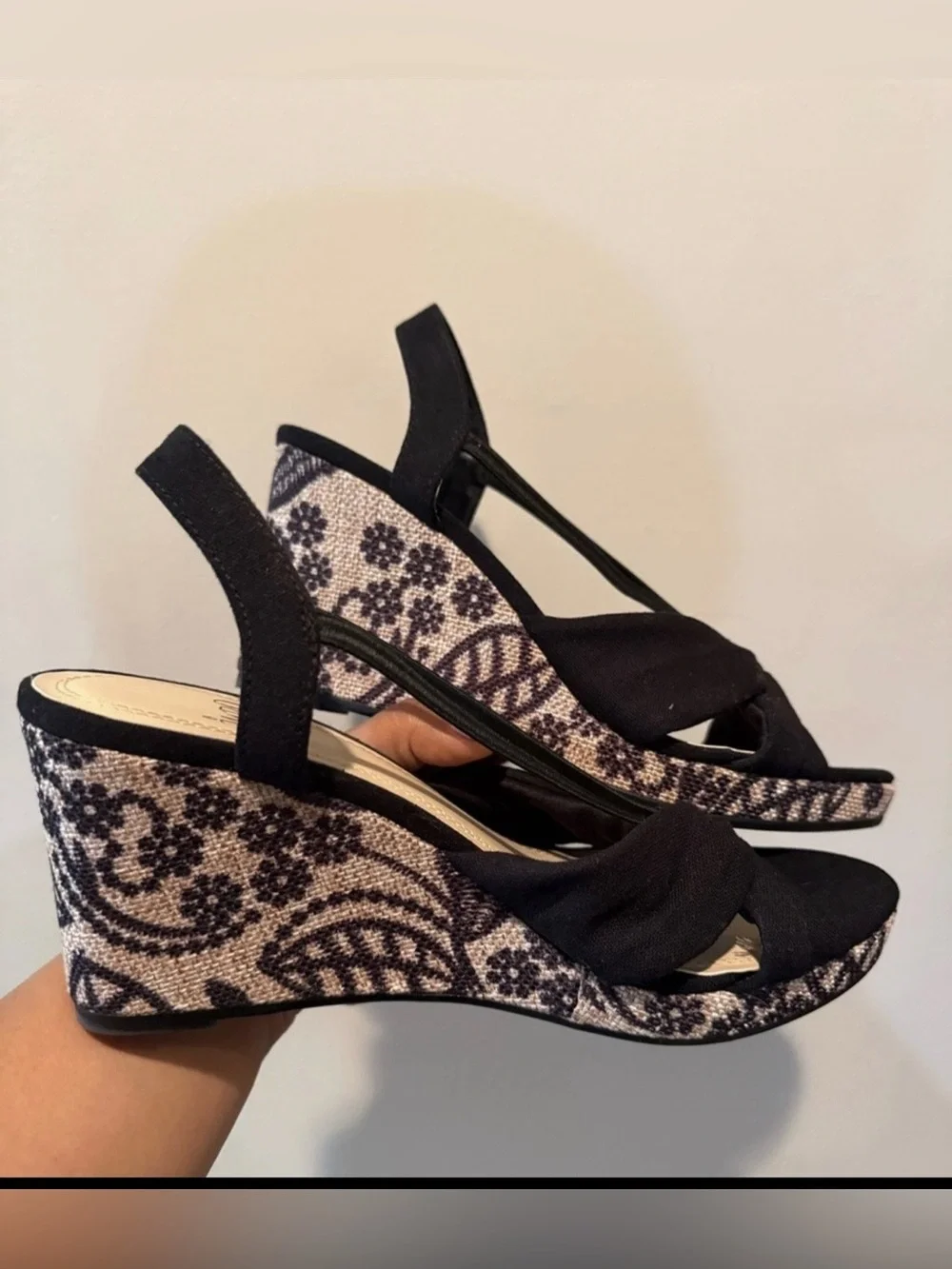Impo Black Wedge Sandals Slip-On Ankle Strap Bow Paisley